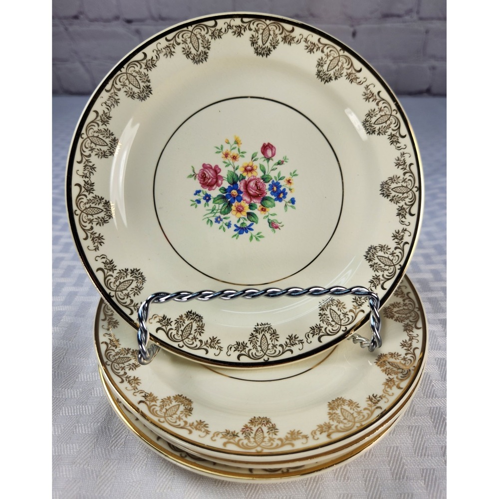 1939 Taylor Smith Taylor Bread Plates 22K Gold Filigree Floral Bouquet Set Of 4